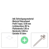 Infografik: Polycarbonat Spundwandplatte 76/18 opal-weiß mit eingeblendeten Eckdaten und Befestigungsmaterial