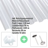 Polycarbonat Spundwandplatte klar, 1,30 mm, mit eingeblendeten Eckdaten und Befestigungsmaterial