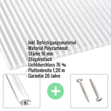 Polycarbonat Stegplatte 16 mm klar, mit eingeblendeten Produktdaten und Zubehoer wie Schrauben und Profil