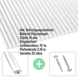Polycarbonat Stegplatte 16 mm klar, mit eingeblendeten Eckdaten und Zubehoer wie Schrauben und Profil