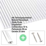 Polycarbonat Stegplatte 16 mm klar, mit eingeblendeten Eckdaten und Zubehoer wie Profile und Schrauben