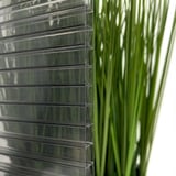 Detailansicht der 16 mm Polycarbonat Stegplatte Graphit, Scobalit, mit X-Struktur und Pflanze im Hintergrund