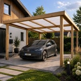 Polycarbonat Stegplatte 16 mm, Opal-Weiß, als Carportdach auf einer Holzkonstruktion vor einem Haus