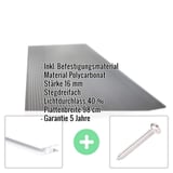 Polycarbonat Stegplatte 16 mm Anthrazit, mit eingeblendeten Eckdaten zu Material, Stärke, Lichtdurchlass und Garantie