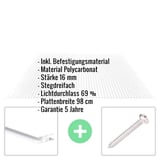 Infografik: Polycarbonat Stegplatte 16 mm, Stegdreifach, Lichtdurchlass 69%, Plattenbreite 98 cm, inkl. Befestigungsmaterial