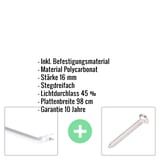 Polycarbonat Stegplatte 16 mm Opal-Weiß mit eingeblendeten Eckdaten und Befestigungsmaterial