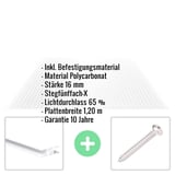 Polycarbonat Stegplatte 16 mm, klar, mit eingeblendeten Eckdaten und Befestigungsmaterial