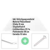 Polycarbonat Stegplatte 16 mm, klar, mit eingeblendeten Eckdaten und Befestigungsmaterial