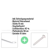 Infografik: Polycarbonat Stegplatte 16 mm Opal-Weiß mit Eckdaten und Befestigungsmaterial