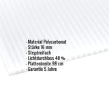 Polycarbonat Stegplatte | 16 mm | Breite 98 cm | Opal Weiß | Blueline | 3,00 m
