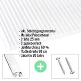 Polycarbonat Stegplatte 25 mm klar mit eingeblendeten Eckdaten und Befestigungsmaterial