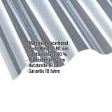 Polycarbonat Wellplatte 177/51 klar, 0,80 mm Staerke, mit eingeblendeten Eckdaten zu Material und Massen