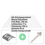 Polycarbonat Wellplatte 76/18 klar mit eingeblendeten Produktdaten und Befestigungsmaterial