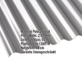 Polycarbonat Wellplatte 2,60 mm, Graphit, mit eingeblendeten Eckdaten zu Material, Profil und Masse