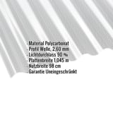 Polycarbonat Wellplatte 2,60 mm klar, mit eingeblendeten technischen Daten wie Material, Profil, Lichtdurchlass