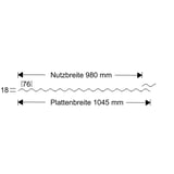 Technische Zeichnung der Polycarbonat Wellplatte 76/18 mit Nutzbreite 980 mm und Plattenbreite 1045 mm