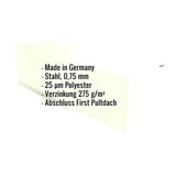 Infografik Pultabschluss Stahl 0,75 mm mit 25 µm Polyesterbeschichtung, Eckdaten eingeblendet