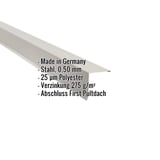 Pultabschluss aus Stahl 0,50 mm in Grauweiß, mit eingeblendeten Eckdaten zu Material und Anwendung
