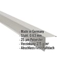 Pultabschluss aus Stahl in Weißaluminium, 0,63 mm Stärke, mit eingeblendeten Eckdaten