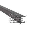 Pultabschluss dunkelgrau, 0,50 mm Stahl, 35 µm Mattpolyester, mit eingeblendeten Eckdaten