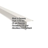 Pultabschluss aus Stahl, Reinweiß, mit eingeblendeten Eckdaten zu Material und Beschichtung