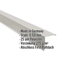 Pultabschluss aus Stahl, Weißaluminium RAL 9006, mit eingeblendeten Eckdaten zu Material und Beschichtung