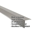 Pultabschluss aus Stahl, Graualuminium RAL 9007, 0,50 mm, mit eingeblendeten Eckdaten