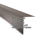 Pultabschluss aus Stahl, sepiabraun, mit eingeblendeten Eckdaten zu Material, Stärke und Beschichtung