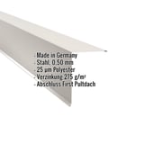 Pultabschluss aus Stahl, Reinweiß RAL 9010, mit Polyesterbeschichtung und eingeblendeten Eckdaten