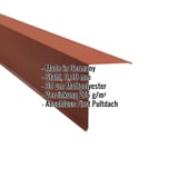 Pultabschluss aus ziegelrotem Stahl, 0,50 mm, mit Mattpolyester-Beschichtung und eingeblendeten Eckdaten