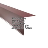 Pultabschluss aus Stahl, weinrot RAL 3005, mit eingeblendeten Eckdaten wie Material und Beschichtung