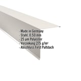 Pultabschluss aus Stahl, Reinweiß RAL 9010, mit eingeblendeten Eckdaten zu Material und Beschichtung