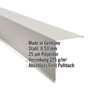 Pultabschluss aus Stahl, Grauweiß RAL 9002, 0,50 mm Stärke, mit eingeblendeten Produktdetails