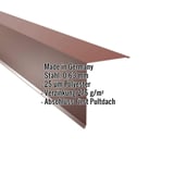 Pultabschluss aus rotbraunem Stahl, 0,63 mm, mit 25 µm Polyesterbeschichtung und eingeblendeten Eckdaten
