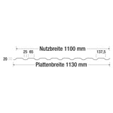 PVC Spundwandplatte klarbläulich, technische Zeichnung mit Maßen, Nutzbreite 1100 mm, Plattenbreite 1130 mm