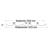 Technische Zeichnung der PVC Spundwandplatte mit Profilmassen: Nutzbreite 1035 mm, Plattenbreite 1075 mm