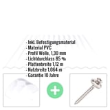 PVC Wellplatte 76/18 klarbläulich mit eingeblendeten Eckdaten und Befestigungsmaterial