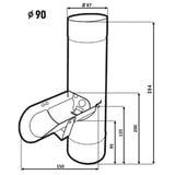 Technische Zeichnung des Regenwasserfängers mit Massangaben, Durchmesser 90 mm