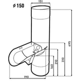 Technische Zeichnung des Regenwasserfängers mit Massangaben für Durchmesser 150 mm und Höhe 495 mm