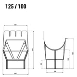 Technische Zeichnung des Rinnenablaufs mit Massen 125/100, Vorder- und Seitenansicht
