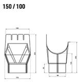 Technische Zeichnung des Rinnenablaufs 150/100 mit Massangaben von 140, 250, 170, 200, 125, 55, 99