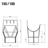 Technische Zeichnung des Rinnenablaufs 150/100 mit Massangaben von 140, 170, 250, 99, 200, 125, 55 mm