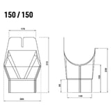 Technische Zeichnung des Rinnenablaufs mit Massen 150/150, Vorder- und Seitenansicht