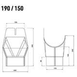 Technische Zeichnung des Rinnenablaufs mit Massen 190/150, Vorder- und Seitenansicht
