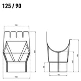 Technische Zeichnung Rinnenablauf 125/90 mit Massangaben in Millimetern, Vorder- und Seitenansicht