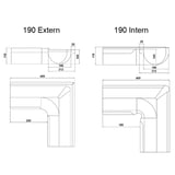 Technische Zeichnung Rinnenaußenwinkel 190 Extern und Rinneninnenwinkel 190 Intern mit Massen