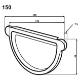 Technische Zeichnung des Rinnenendstücks mit Massangaben 150, 188, 176, 98 und 7,5 mm
