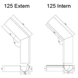 Technische Zeichnung mit Massen fuer Rinnenwinkel 125 Extern und 125 Intern, Winkel 135 Grad