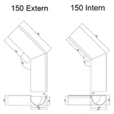 Technische Zeichnung mit Massen fuer Rinneninnenwinkel und Rinnenaussenwinkel 150 mm, Winkel 135 Grad