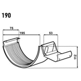 Technische Zeichnung des Rinnenverbinders mit Massen 190, 75, 195, 53 und 112 mm